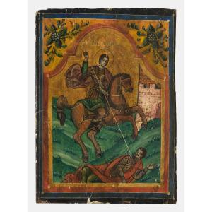 Russian Icon - St. Demetrius On Horseback Piercing A Moor - Russia 18th - 19th Century